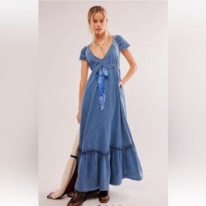Free People Roucha Maxi Dress Ruffle Tiered Hem Bandana Tie Waist Blue Shadow